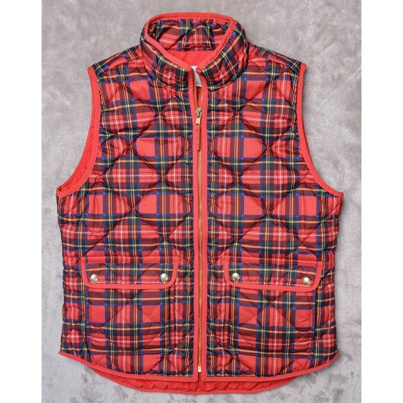 J. Crew Tartan Print Snap Pockets Red Blue Plaid Puffer Vest Womens Size M - Picture 1 of 14